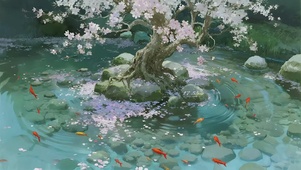 古风树下鱼塘美景