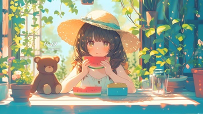 清新夏日吃瓜女孩