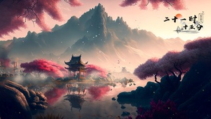 唯美古风山水湖畔楼亭