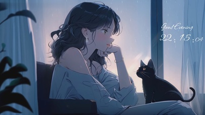 雨天里淡然独处的女孩和她的猫