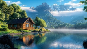 治愈山边湖畔小屋