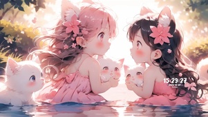 池塘抱着猫咪女孩