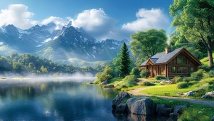 护眼清新湖畔小屋