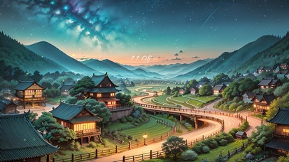 4K唯美治愈梦幻星空村庄夜景