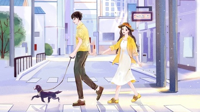 日漫唯美情侣遛狗街景