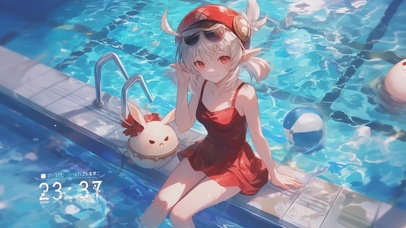 二次元卡通甜美泳池边女孩