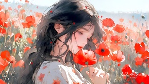 虞美人花田中的少女