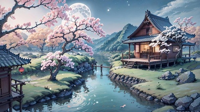 月夜河边樱花小屋
