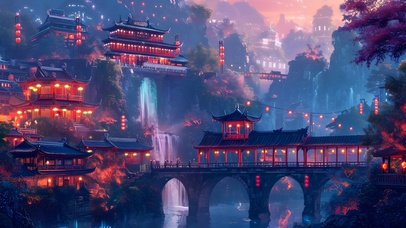 夜晚张灯结彩的古镇