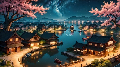4K唯美治愈樱花河流小镇夜景