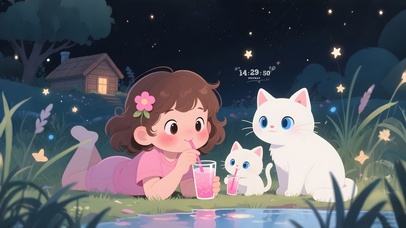 夜晚的女孩和猫咪