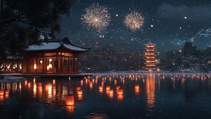 湖面上的热闹新年烟花