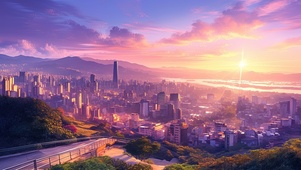 唯美晚霞城市天际线