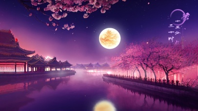 唯美国风圆月江南水乡古城樱花