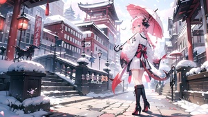 雪天古风阁楼少女