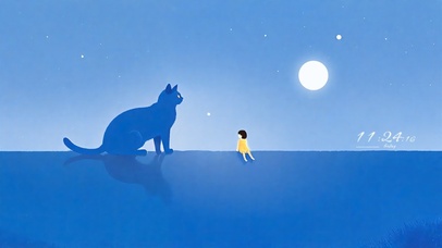 墙上赏月的大喵和小女孩