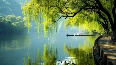 湖边绿荫柳树