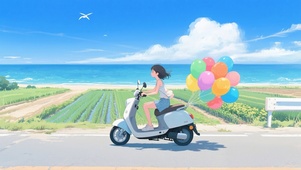 海边载满气球的女孩