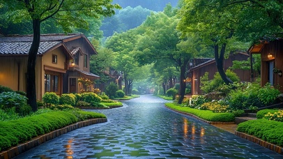 护眼雨中房屋