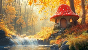 秋天溪边蘑菇小屋