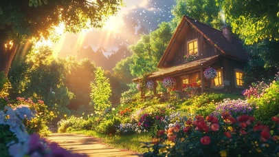 唯美阳光下的鲜花小木屋