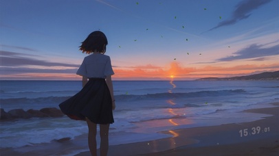 唯美夕阳海景孤独感少女
