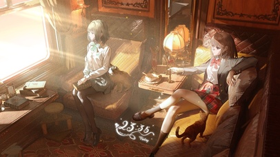 日落列车少女和猫咪