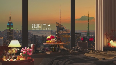 4K唯美治愈夕阳城市房间