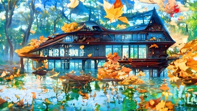 4K秋日落晖树林河边小屋