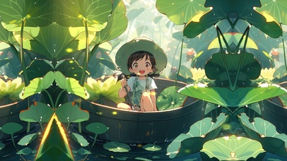 荷叶丛中探险小女孩