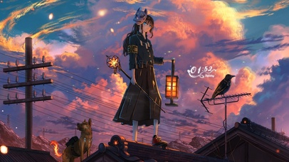 唯美治愈夕阳古风提灯少女