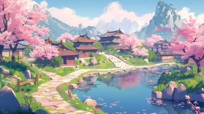 樱花唯美白云小镇