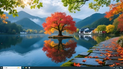 秋天的池塘边小镇