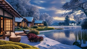 冬日夜晚湖畔房屋