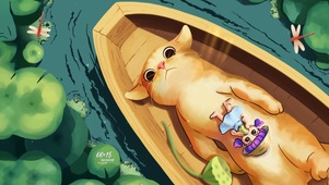 躺在船上的猫咪与女孩