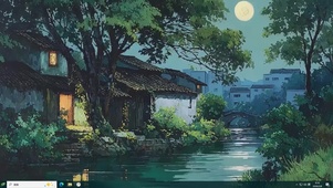 古风夜色河流夜景桌面主题