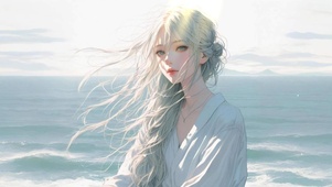 海边的忧郁白发少女