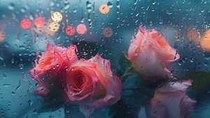 窗外雨中玫瑰花