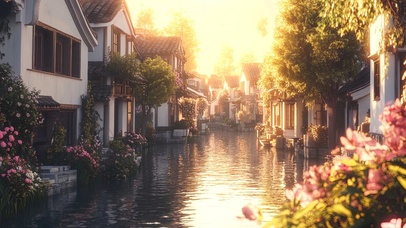 水乡的落日黄昏美景