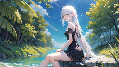 夏日岛上溪边少女