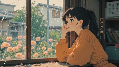 窗台边发呆的女孩