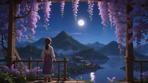 花下赏月女孩