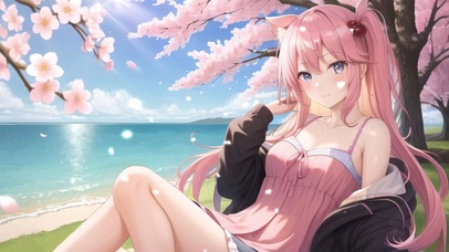 湖边樱花树下的猫耳女孩