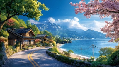 护眼海边樱花城镇