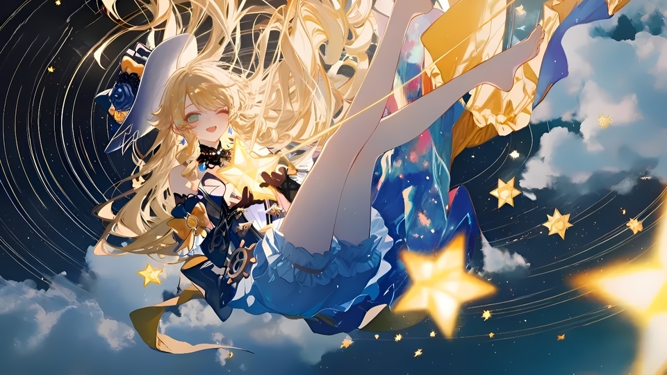 金发少女怀抱发光黄星漂浮云层间，蓝调夜空点缀金轨星芒