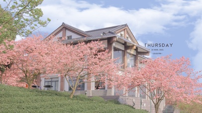 蓝天白云樱花别墅