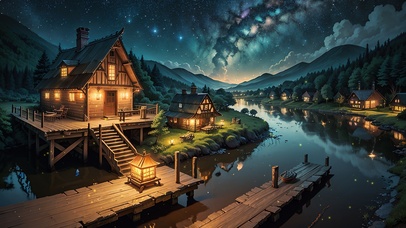 4K唯美星空河流乡村夜景