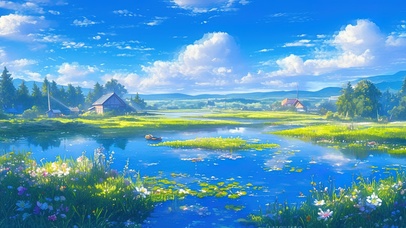 静谧蓝色生态湿地旁的小屋