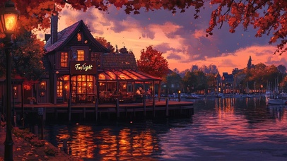 秋日晚霞浪漫水上酒馆