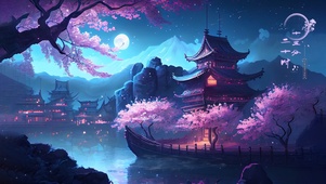 唯美古风江边落花阁楼